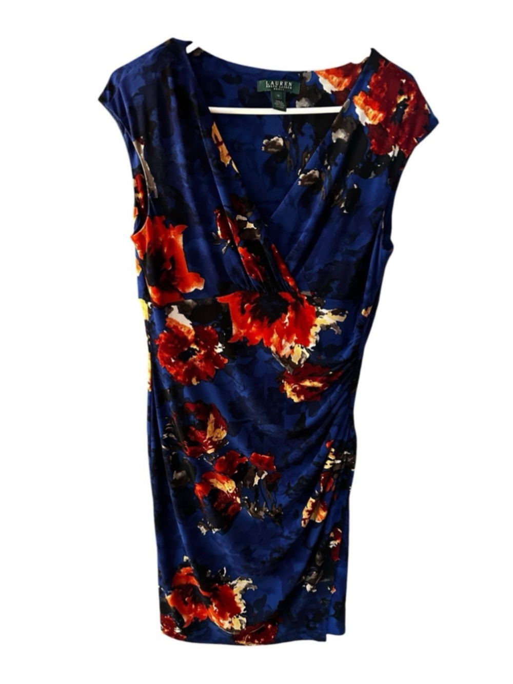 Lauren Ralph Lauren Floral Dress Blue Red Ruched Sheath Cocktail Quiet Luxury - Picture 5 of 12